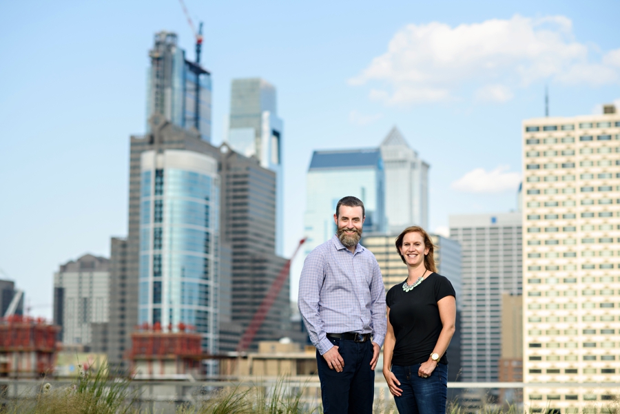 A brand portrait with philadelphia skyline in the background.